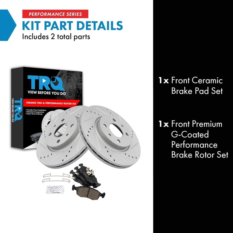 TRQ Front Brake Pad and Rotor Set Ceramic Drilled Slotted G Coated Rotors Compatible with 2012-2017 Fiat 500 - Image 3